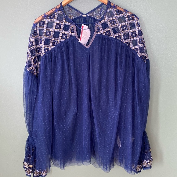 NWT women Sz XS/S oversized rare navy blue sheer glam chic embroidered blouse - Picture 4 of 12